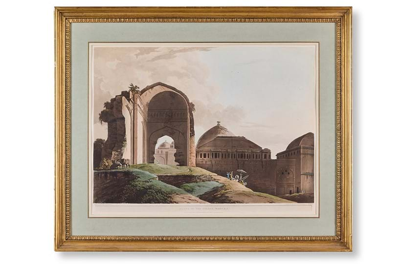 Inline Image - Lot 470: Thomas (British 1749 - 1840) and William (British 1769 - 1837) Daniell, Oriental scenes comprising: view from the ruins of the Fort of Currah; Ousoor in the Misore; view taken neer the city, Sirinagur; view taken between Natan and Taka; view on the Ram Gunga; view between Taks La Mundear and Srinagur; view in the Koan Nullah; view near Daramundi; ruins of the Palace Madurai; and Raje Gant, Aquatints | Est. £5,000-7,000 (+ fees)