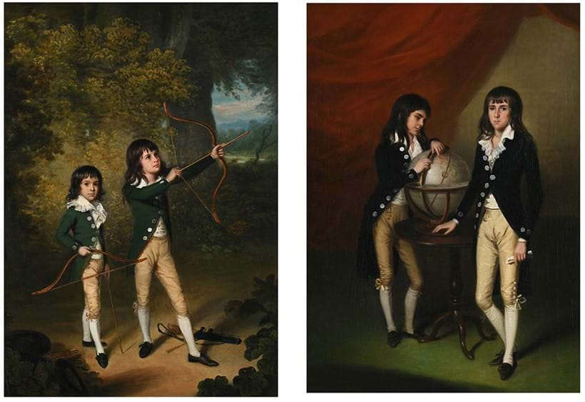 Inline Image - Lot 64: Arthur William Devis (British 1762-1822), 'A double portrait of two boys, one pointing to India on a globe: a double portrait of two boys, practicing archery', Oil on canvas, a pair | Est. £100,000-150,000 (+ fees)