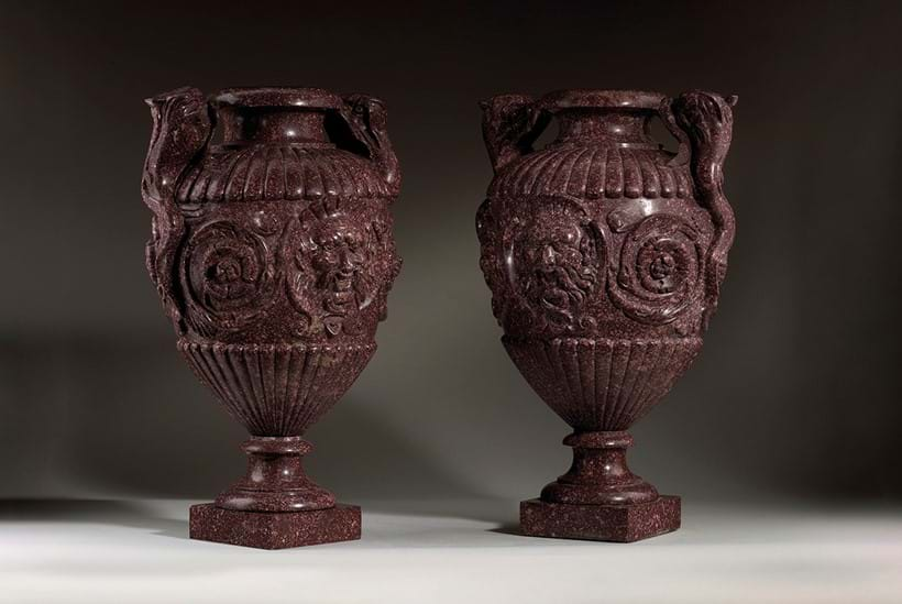 Inline Image - Lot 57: An important pair of carved Imperial porphyry vases, French, circa 1720 | Est. £70,000-100,000 (+ fees)