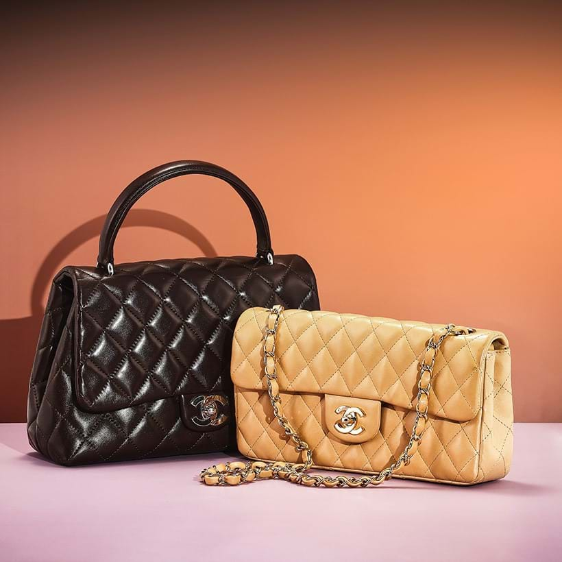 Inline Image - Lot 298: Chanel, a beige quilted lambskin flap handbag, circa 2005-2006 | Est. £1,000-1,500 (+ fees) and Lot 302: Chanel, a chocolate quilted lambskin handbag, with top loop handle £800-1,200 (+ fees)