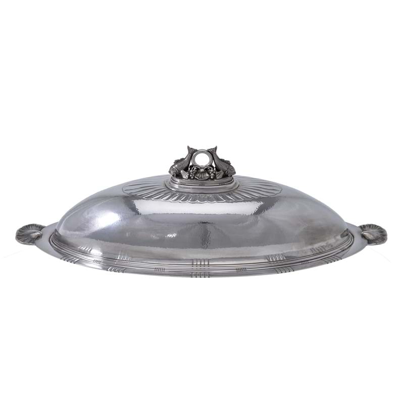 Georg Jensen, a Danish silver oval fish dish, drainer and cover, post 1945, designed by Johan Rohde in 1919