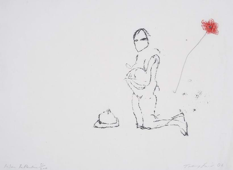 Inline Image - Lot 17: Tracey Emin (b.1963), ‘Insane Reflection’, Screenprint with fabric flower and hand-stitched line on cotton, 2006, signed, titled and dated in pencil | Est. £1,500-2,000 (+ fees)