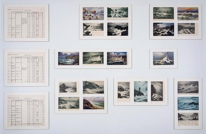 Inline Image - Lot 32: Susan Hiller (1940-2019), ‘Dedicated to the Unknown Artists; Addenda III, Section R., The Rough Sea’, Twenty-two postcards with ink and three martime charts assembled on panel, 1976 | Est. £4,000-6,000 (+ fees)