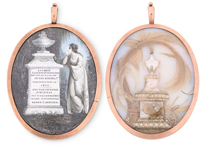 Inline Image - An early 19th century mourning pendant, the ivory plaque painted in colour and hairwork with a female mourner next to a tomb. It is inscribed 'Sacred & ever dear to memory are the remains of Henry Sewell Esq., who died May 18th 1800, and was interred at Madras. His worth & manners were extensively known & admired'. The reverse with opalescent glass is set with a mother-of-pearl urn accented with split pearls, seed pearls and gold wire in a hairwork surround | Sold for £1,134 (16 October 2024)