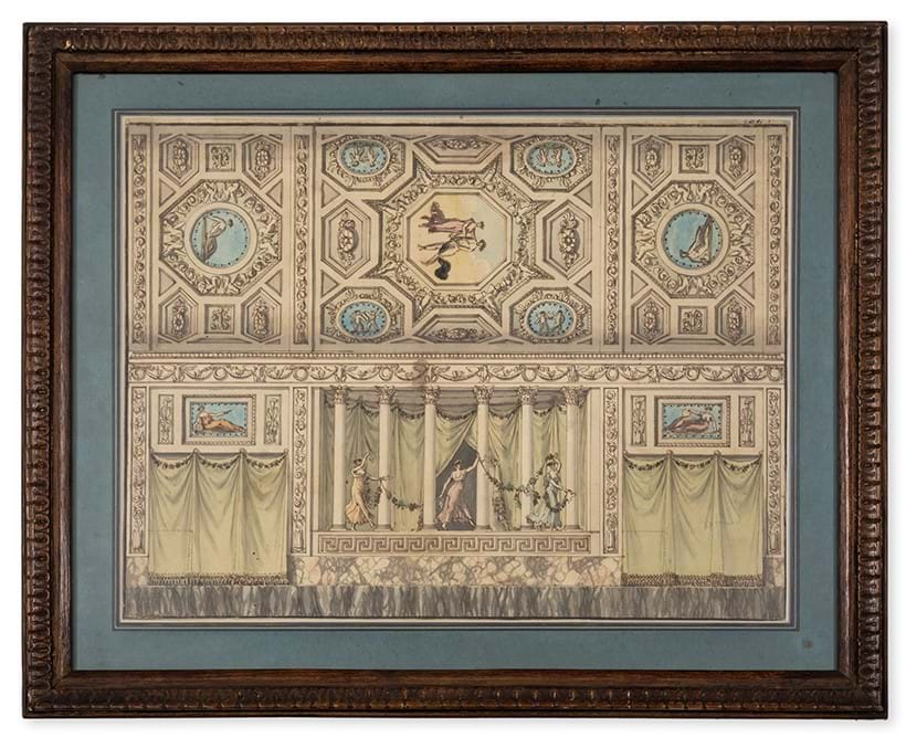 Inline Image - Lot 75: Basoli (Antonio, 1774-1848) Design for the walls and ceiling of a room, for 'Collezione di varie scene teatrali … ', pen and brown ink, watercolour | Est. £4,000-6,000 (+ fees)