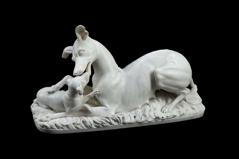 Inline Image - Lot 257: Joseph Gott (1785-1860), a white marble group of a greyhound bitch and puppy, mid-19th century | Est. £4,000-8,000 (+ fees)