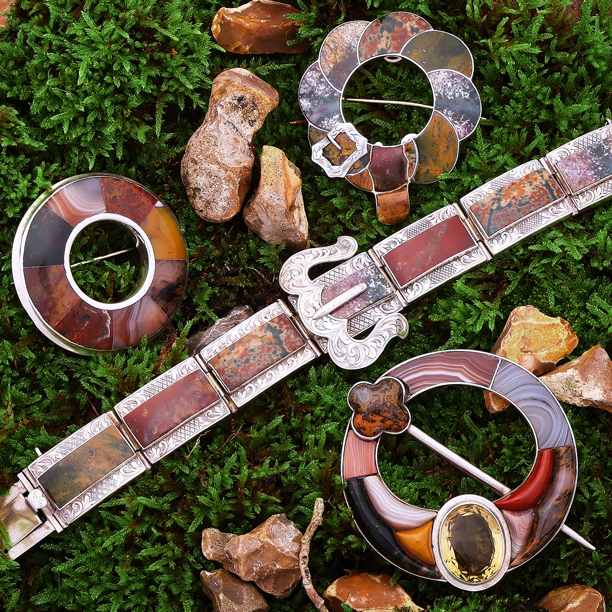 Fine examples of the stonecutters’ and setters’ work showing the breadth of colours used is Scottish agate jewellery.jpg