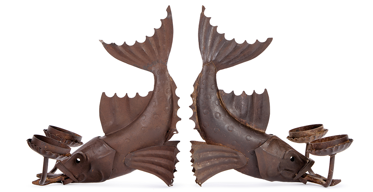 Lot 18 - A pair of weathered wrought iron koi carp fish candlesticks, mid 20th century.jpg