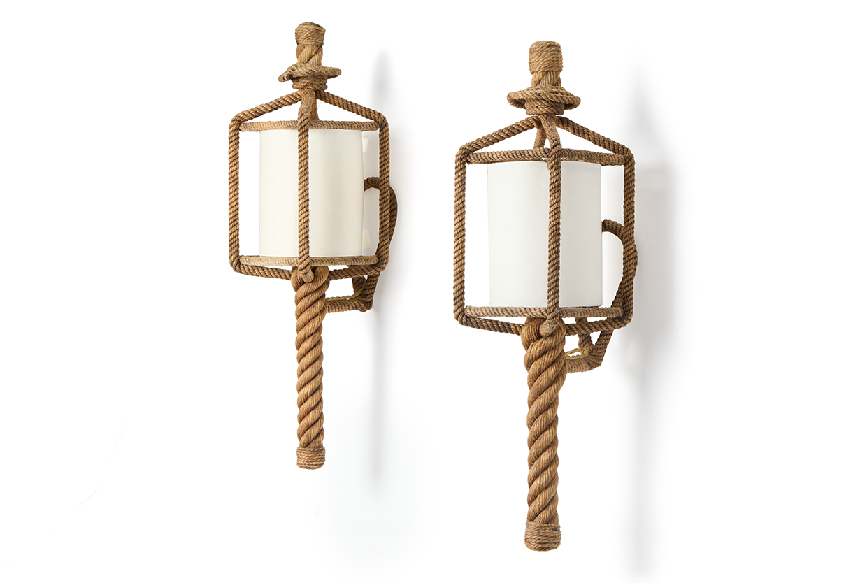 Lot 176 - Attributed to Audoux-Minet – a pair of rope & vellum wall lanterns, mid 20th century.jpg