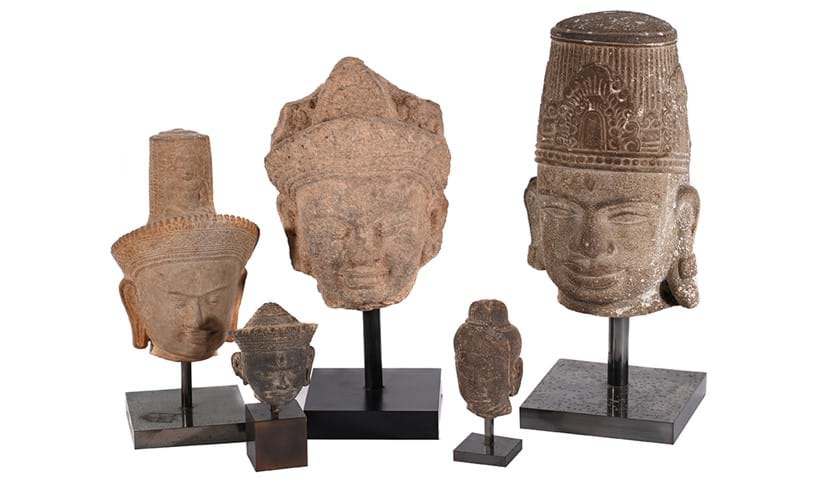 Inline Image - Lot 660: A group of five carved stone heads, mostly Cambodian, various dates | Est. £600-800 (+ fees)