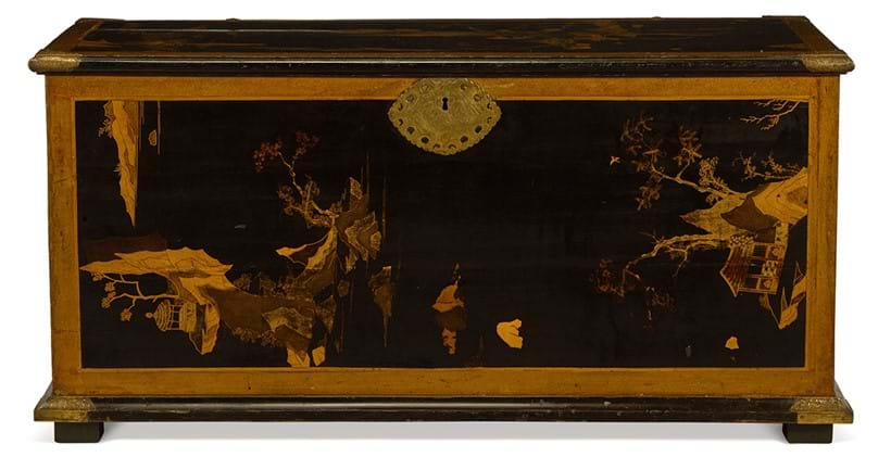 Inline Image - A brass mounted gilt and black lacquer coffer, Japanese, late 18th/early 19th century, incorporating 17th century Japanese lacquer panels | Est. £2,500-4,000 (+ fees)