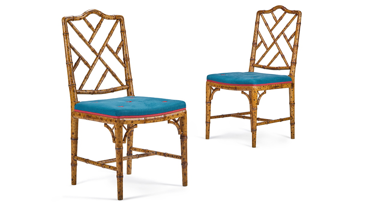 Lot 169 - A pair of English painted simulated bamboo sicde chairs.jpg