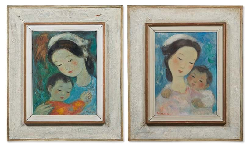 Inline Image - Lot 143: Vũ Cao Đàm (French/ Vietnamese 1908-2000), 'Mother holding baby in an orange tunic', Oil on board | Est. £30,000-50,000 (+ fees); Lot 144: Vũ Cao Đàm (French/ Vietnamese 1908-2000), 'Mother and child', Oil on board | Est. £30,000-50,000 (+ fees)