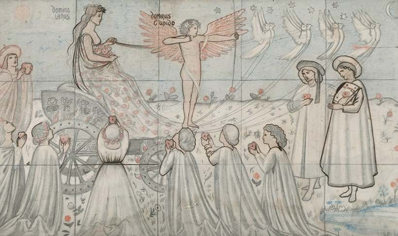 Inline Image - Lot 242: Sir Edward Coley Burne Jones (British 1833 - 1898), 'The Passing of Venus or The Triumph of Love', Pencil, coloured crayon and ink on paper | Est. £3,000-5,000 (+ fees)