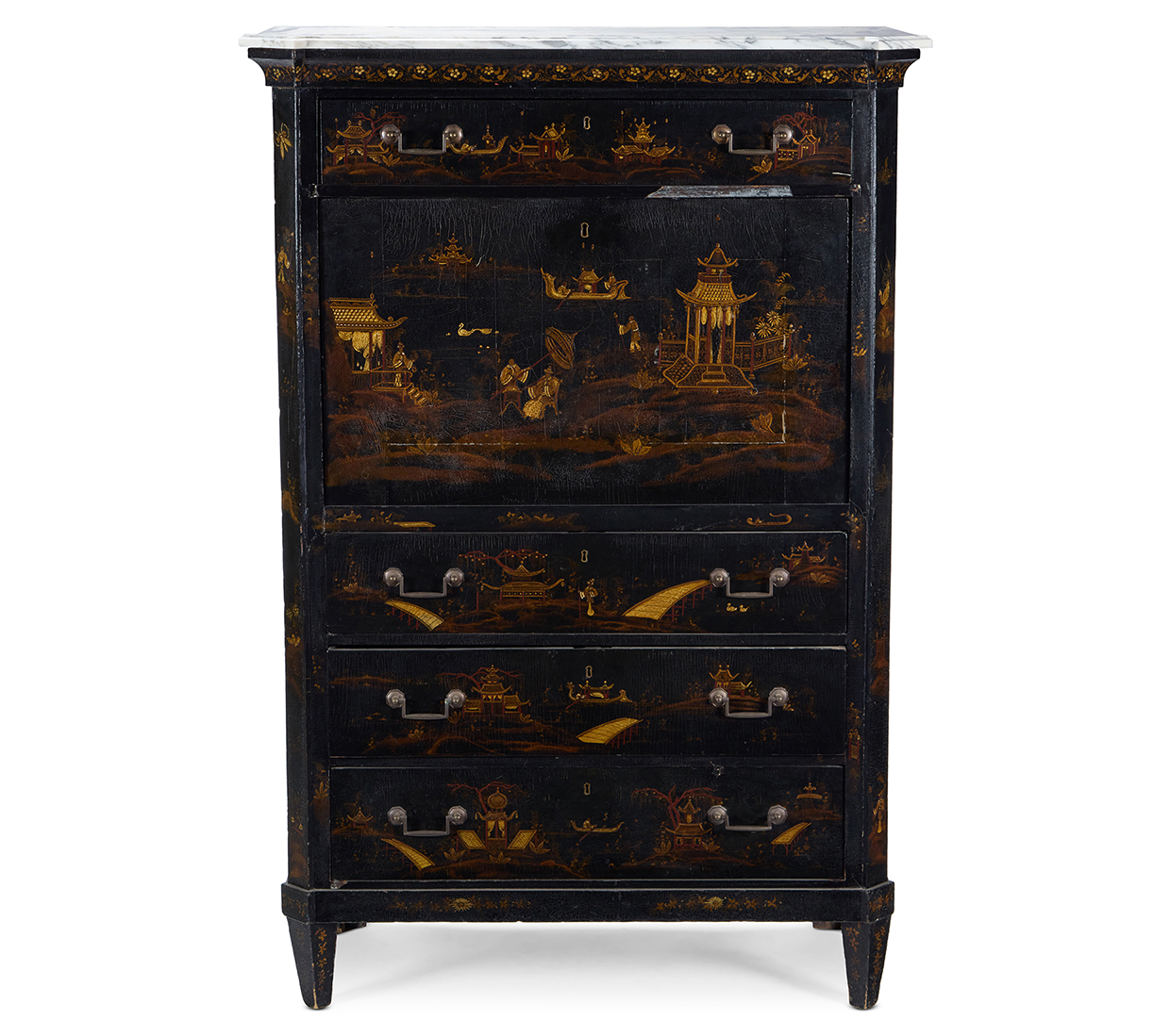 Sibyl Colefax & John Fowler auction - Lot 108 - A dark green and gilt chinoiserie decorated secretaire a abattant.jpg