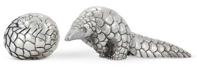 Inline Image - A silver model of a pangolin and a rolled pangolin Patrick Mavros, Zimbabwe, circa 2000 and 2002 | Sold for £10,080