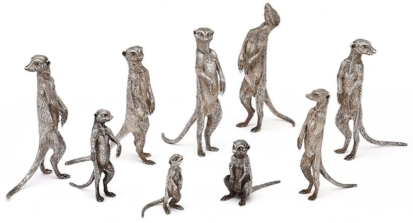 Inline Image - Lot 157: A mob of nine silver meerkats, Patrick Mavros, Zimbabwe circa 2002 | Est. £1,000-1,500 (+ fees)