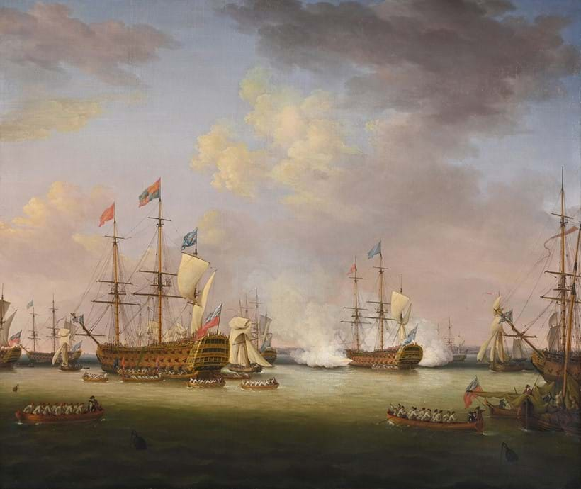 Inline Image - Lot 349: Richard Paton (British 1717-1791), 'The Review of the British Fleet at Spithead by King George III, on board the flagship Barfleur, 24 June 1773, with the Royal Oak firing a salute, and numerous other ships of the line', Oil on canvas | Est. £60,000-80,000 (+ fees)