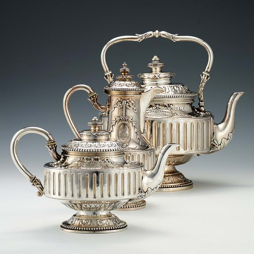 Inline Image - A French silver kettle, tea pot and coffee pot by Maison Odiot, Paris 1838-1972 | Sold with Dreweatts in July 2021 for £3,500