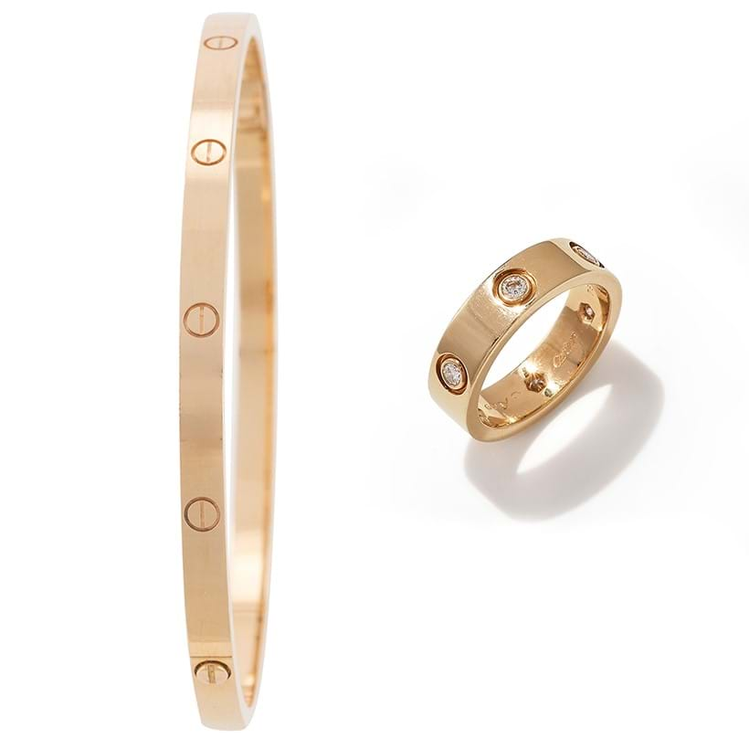 Inline Image - L: Cartier, Love, an 18 carat gold bangle | Sold for £3,528. R: Cartier, a diamond set 'love' ring | Sold for £1,764