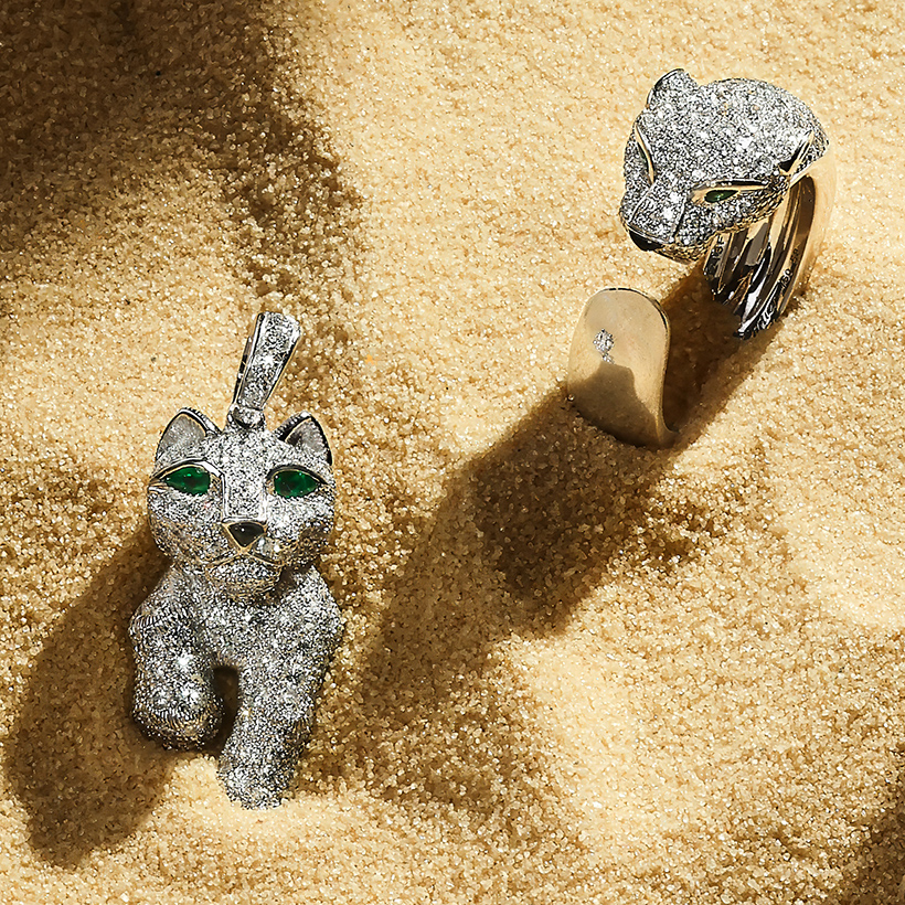 Cartier Panthère bespoke diamond and gem set pendant and Cartier Massai Panthère diamond and gem set ring.jpg