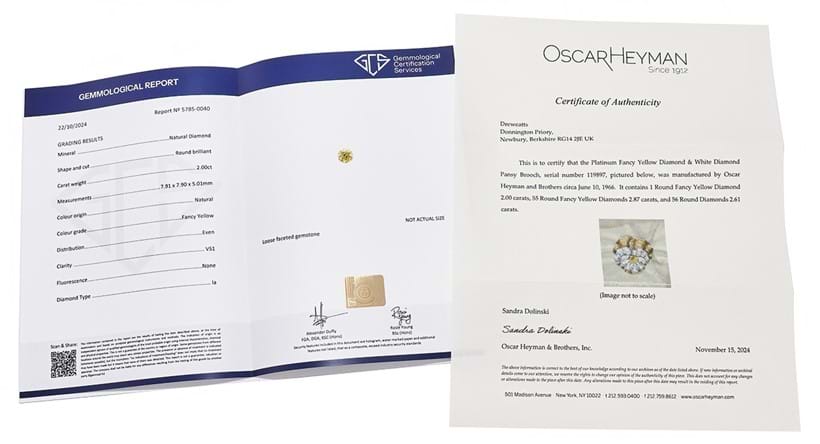 Inline Image - Accompanied by a Certificate from Oscar Heyman & Brothers, dated 15 November 2024, confirming that this brooch was manufactured by Oscar Heyman & Brothers circa June 10, 1966, as well as a GCS report, dated 22 October 2024, stating that the brilliant cut diamond weighing 2.00 carat is natural Fancy Yellow colour, Vs1 clarity, no fluorescence.