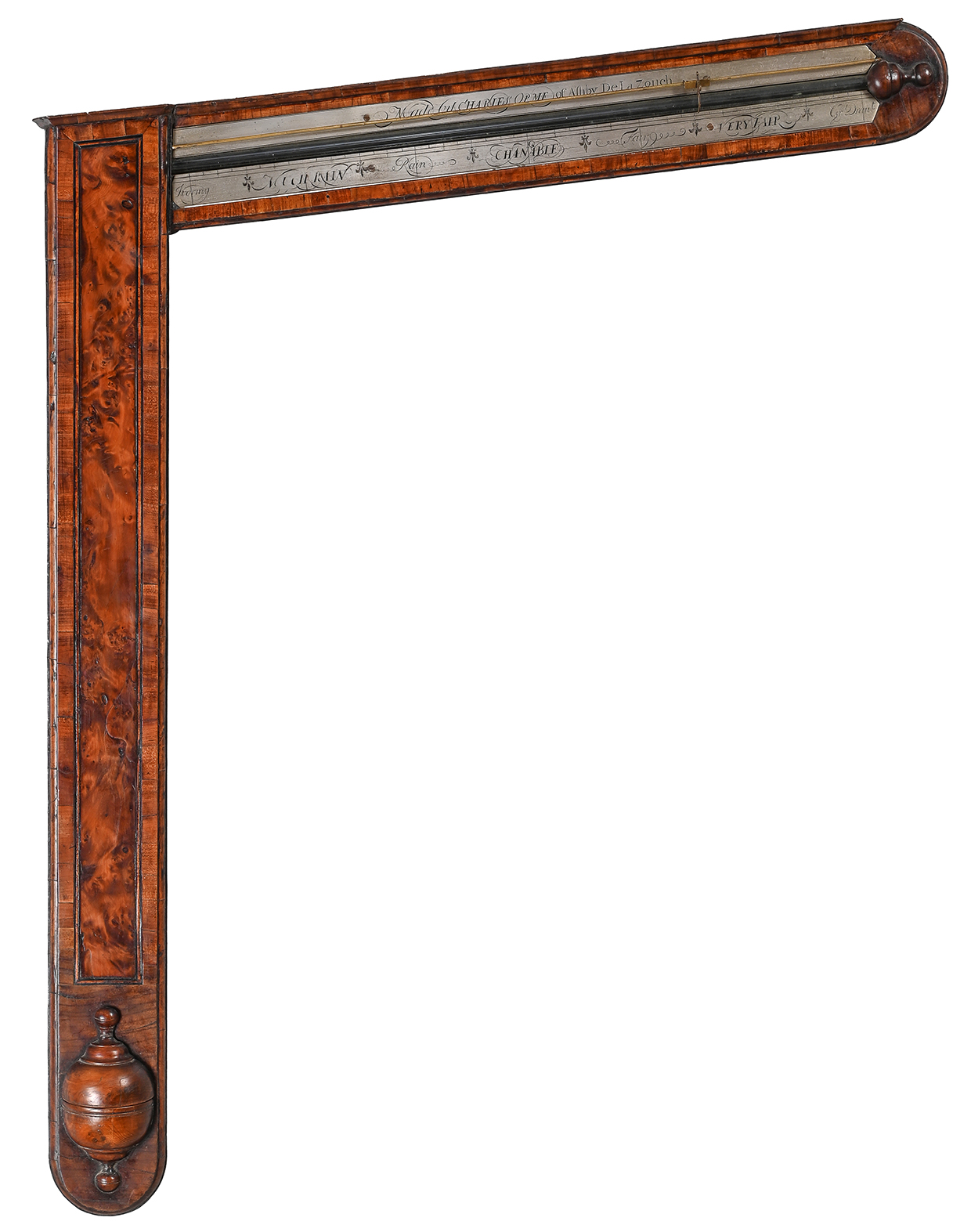 Lot 24 - A fine and rare George II yew and walnut mercury angle barometer, Charles Orme, Ashby De La Zouche, circa 1740.jpg