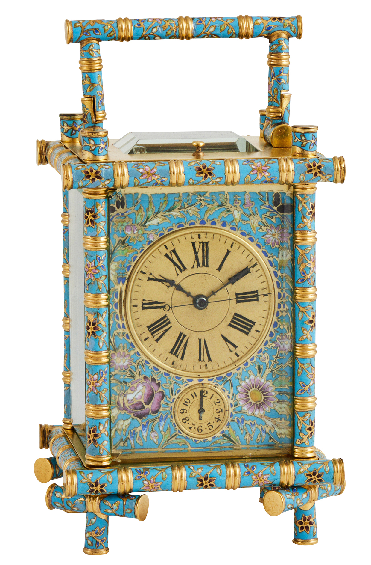 Lot 114 - A fine French champleve enamelled gilt bamboo cased centre-seconds repeating alarm carriage clock, unsigned, Paris, late 19th century.jpg