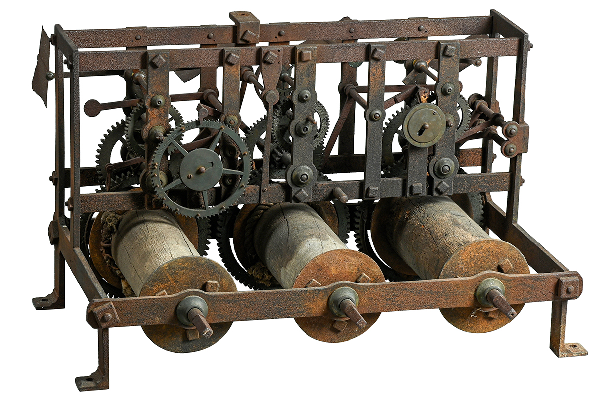 Lot 150 - A George III wrought iron and brass quarter-striking turret clock movement, Whitehurst, Derby, dated 1805.jpg