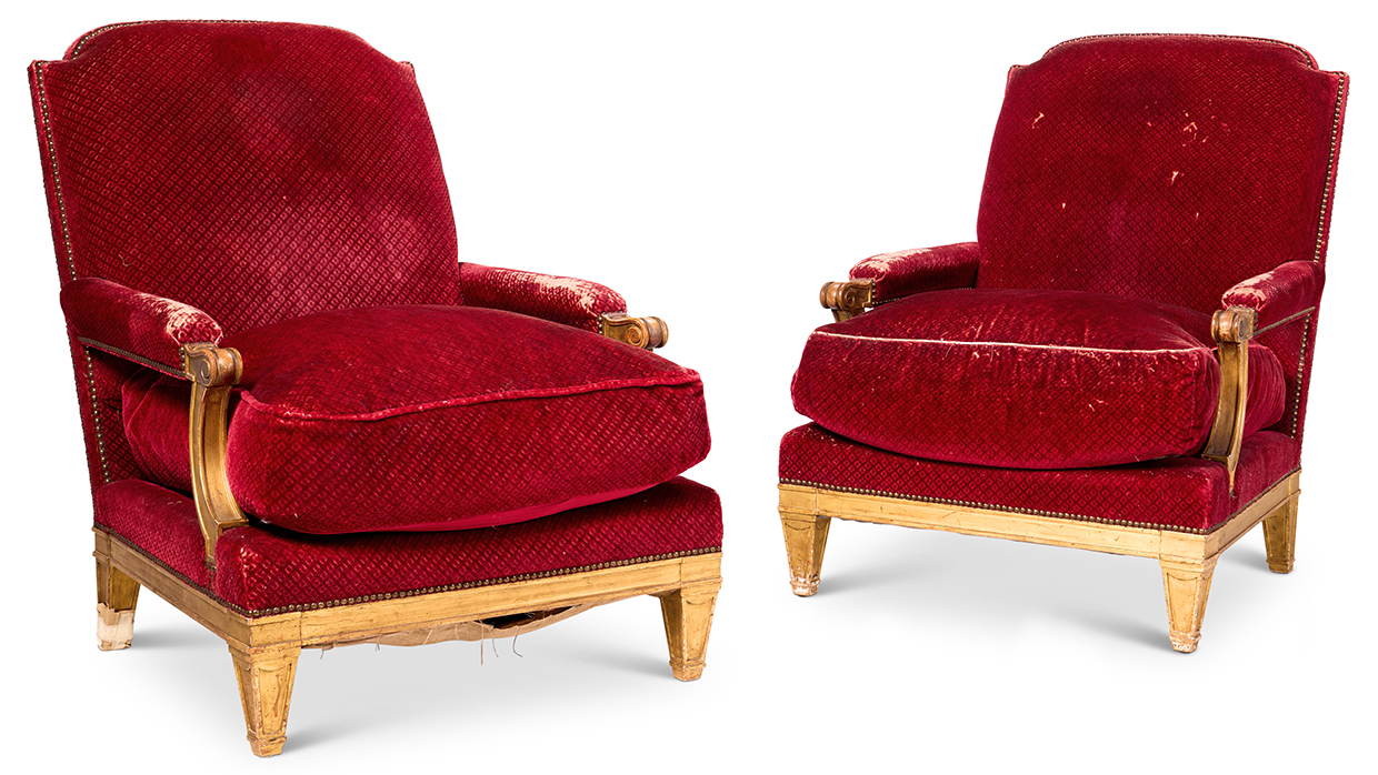 Lot 37 - Melissa Ulfane Collection  - A pair of French giltwood and red velvet upholstered armchairs by Maison Jansen, circa 1940.jpg