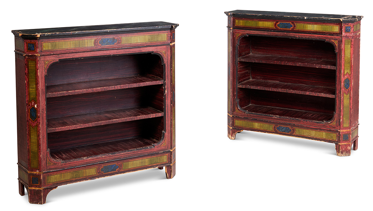 Lot 186 - Melissa Ulfane Collection  - A pair of polychrome painted wood open bookshelves by Renzo Mongiardino, 20th centur.jpg