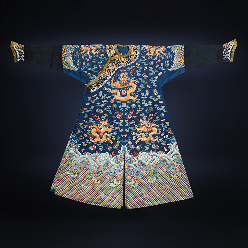 A fine Chinese five-colour cloud blue-ground summer gauze 'Dragon' robe, Jifu, Qing dynasty, first half of the 19th century