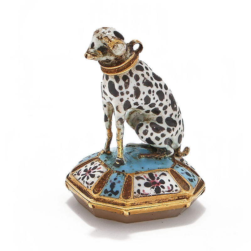 A rare late 17th century enamel and hardstone fob seal modelled as a Dalmatian