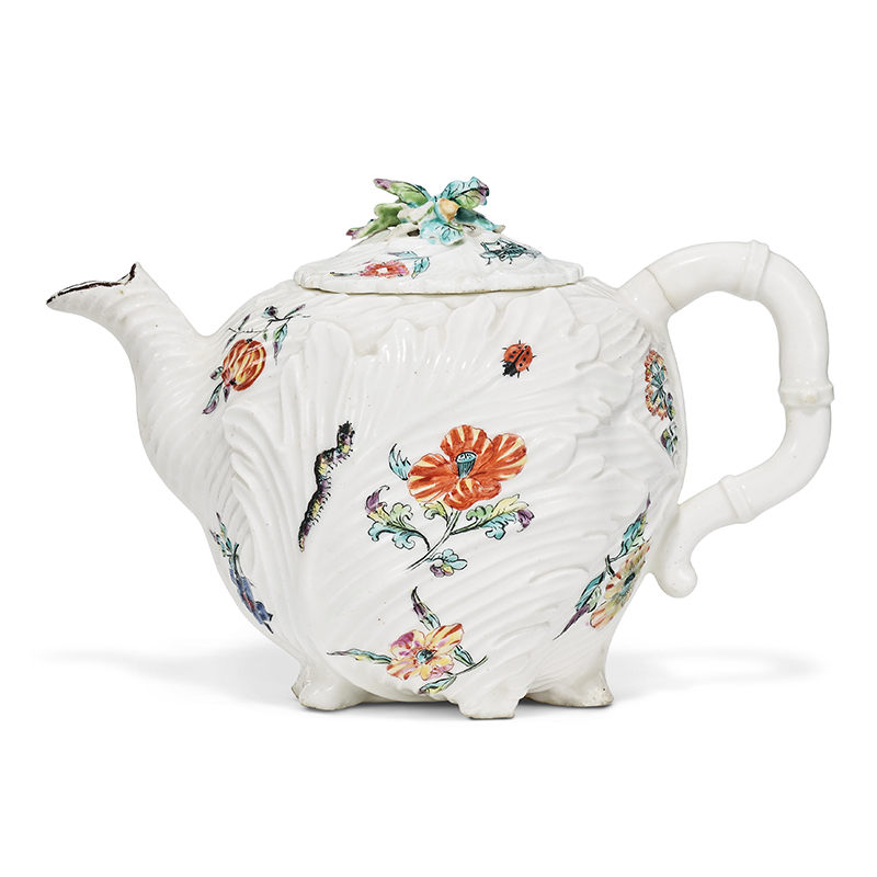 A Chelsea porcelain leaf-moulded teapot and cover circa 1745-1749