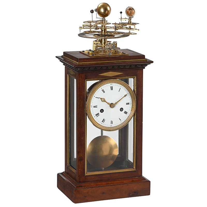 A fine and very rare French Empire brass inlaid mahogany mantel clock with mechanical orrery unsigned, attributed to the workshop, of Antide Janvier, Paris, circa 1810