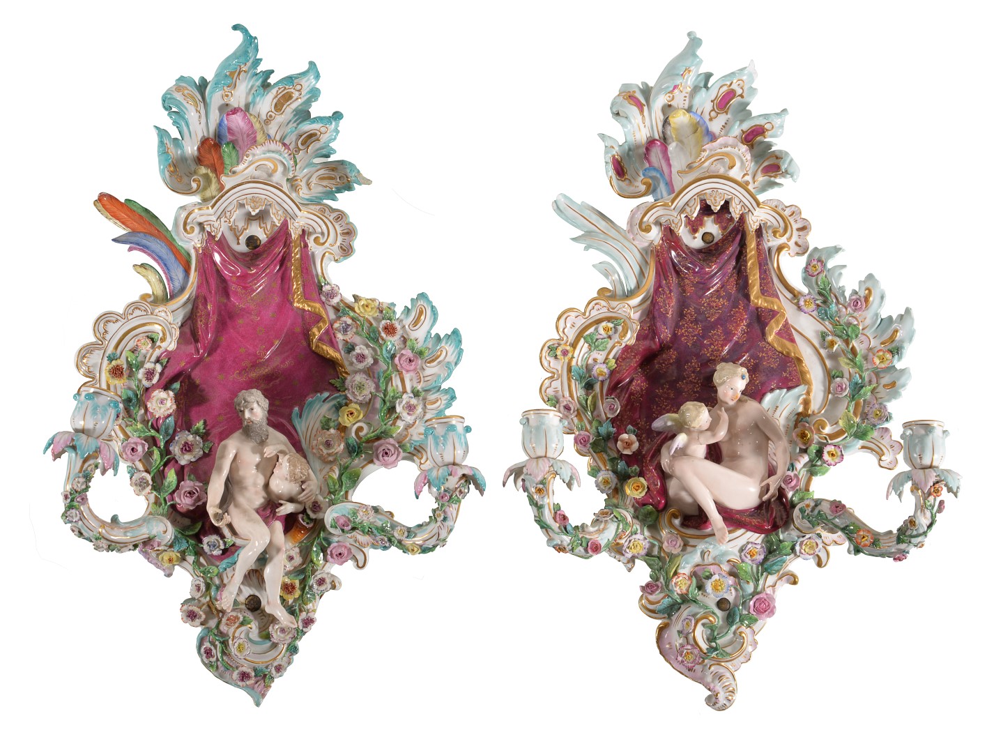 A pair of Meissen flower-encrusted allegorical two-branch wall appliques, late 19th century 