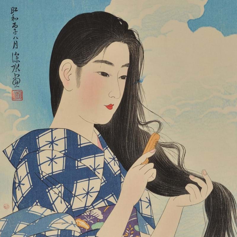 Ito Shinsui (1898-1972), a woodblock print entitled 'After washing her hair', in inks and colours on paper