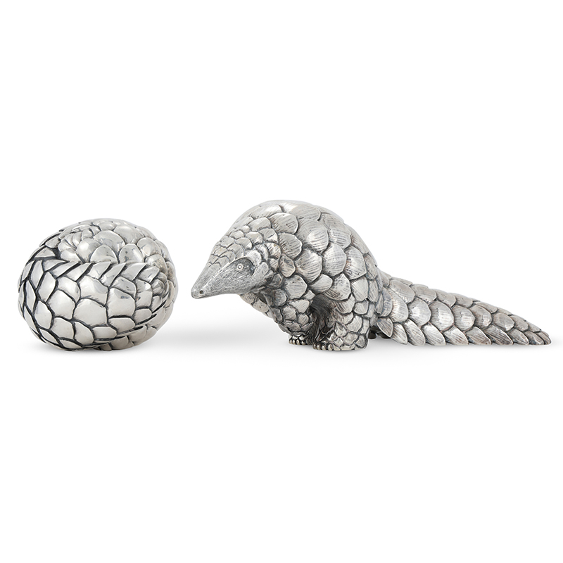 An African silver model of a pangolin and a rolled pangolin Patrick Mavros, Zimbabwe, circa 2000 and 2002