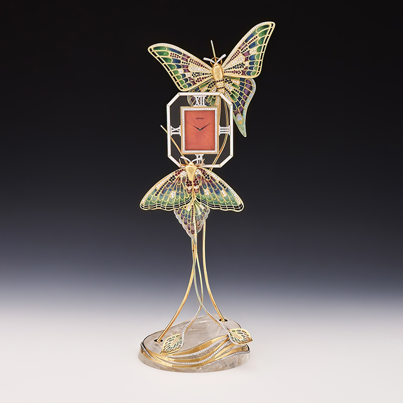 An 18 carat gold, enamel and diamond set butterfly clock Asprey & Co. ltd., London 1987