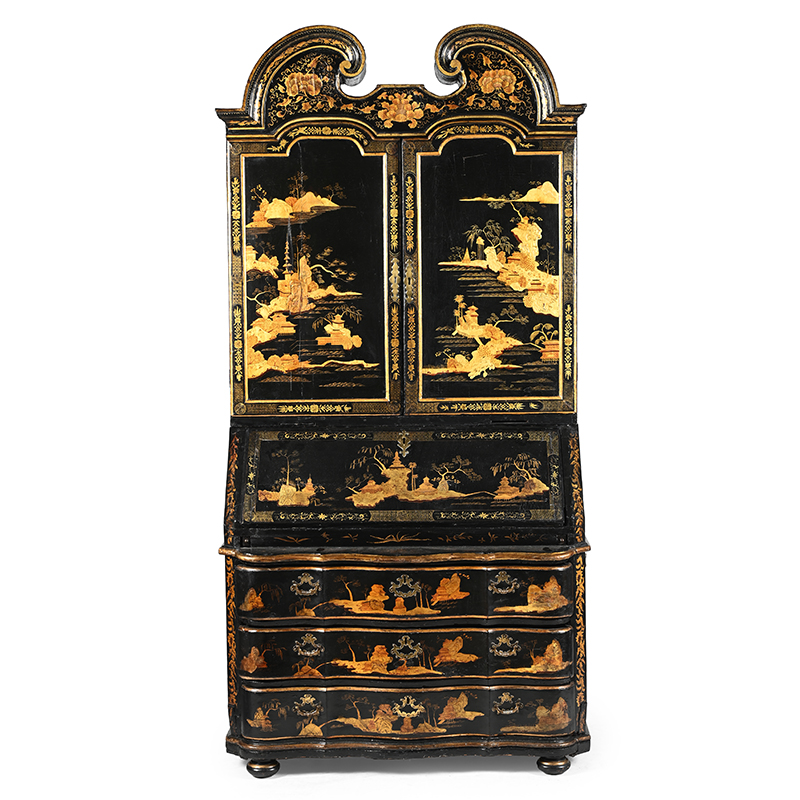 A Chinese export black and gilt lacquer bureau cabinet probably canton (Guangzhou), mid 18th century