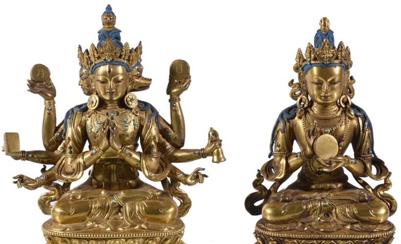 Inline Image - Two Sino-Tibetan bronze figures, China or Tibet, 18th century or later, both seated in padmasana on a lotus throne, est. £2,000-3,000, sold for £74,400