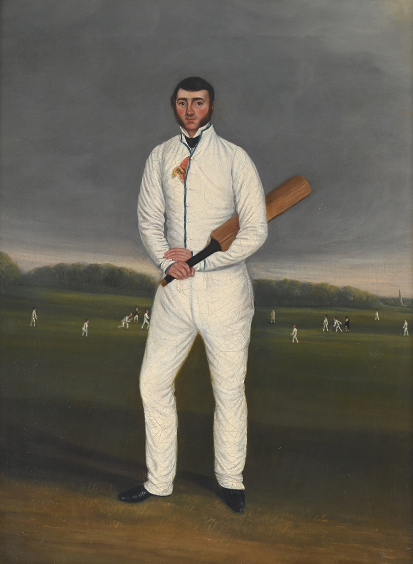 14800 Lot 27 English School (early 19th century), Portrait of a Cricketer, a Match Beyond, oil on canvas.JPG