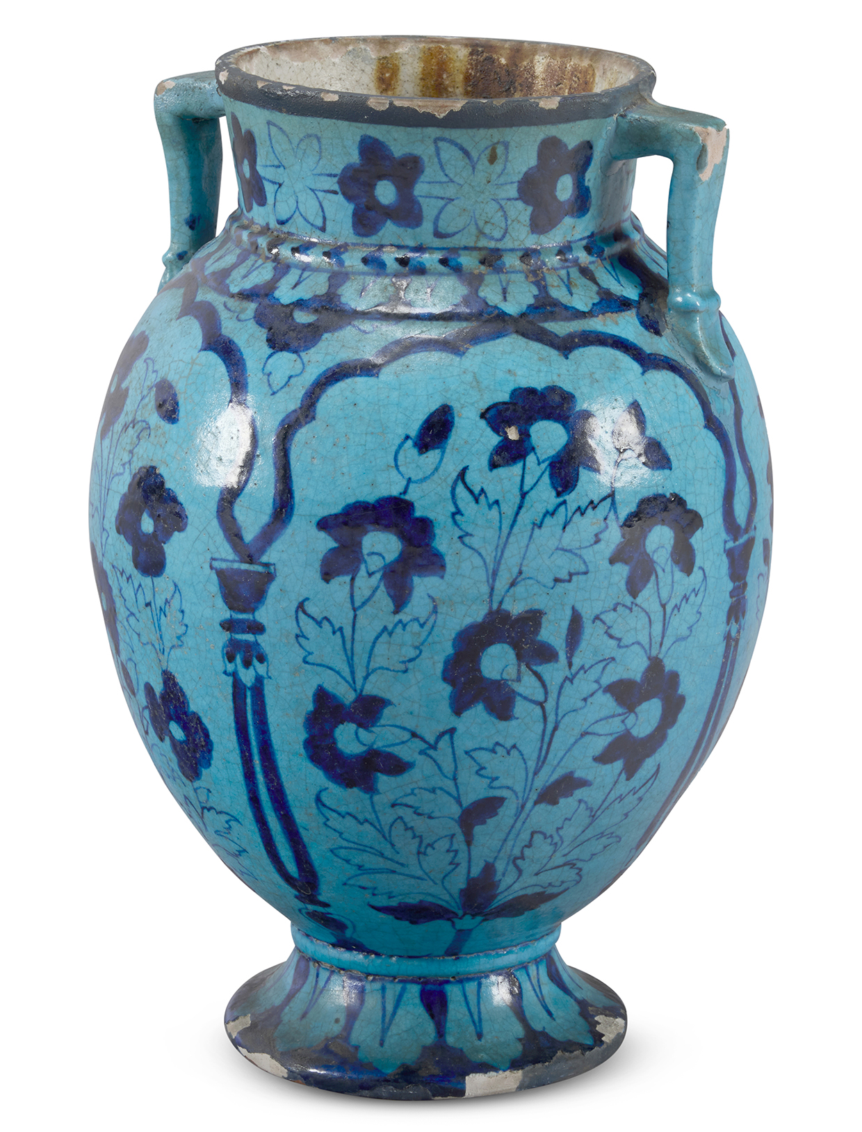 A terracotta blue glazed two handled urn in the Kashan style.jpg