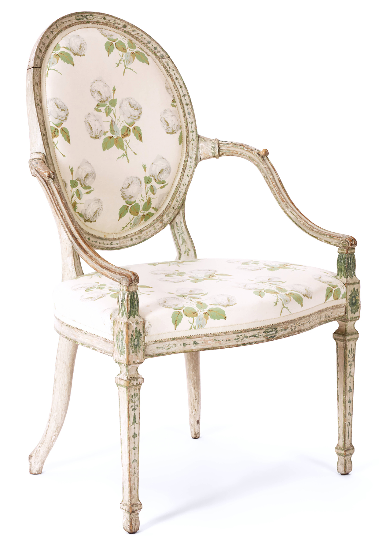 A George III green and cream painted open armchair, late 18th century, in the manner of Gillows.jpg
