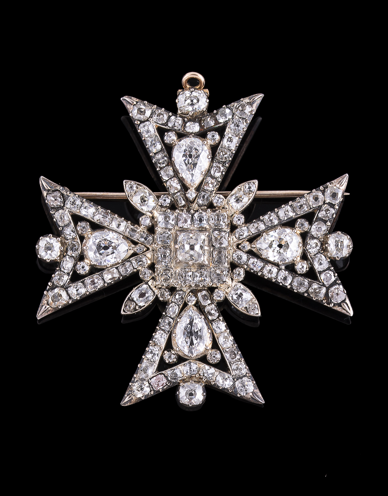 A 19th century diamond Maltese cross brooch, set with pear, cushion and old mine cut diamonds, approximately 6.62 carats total.jpg