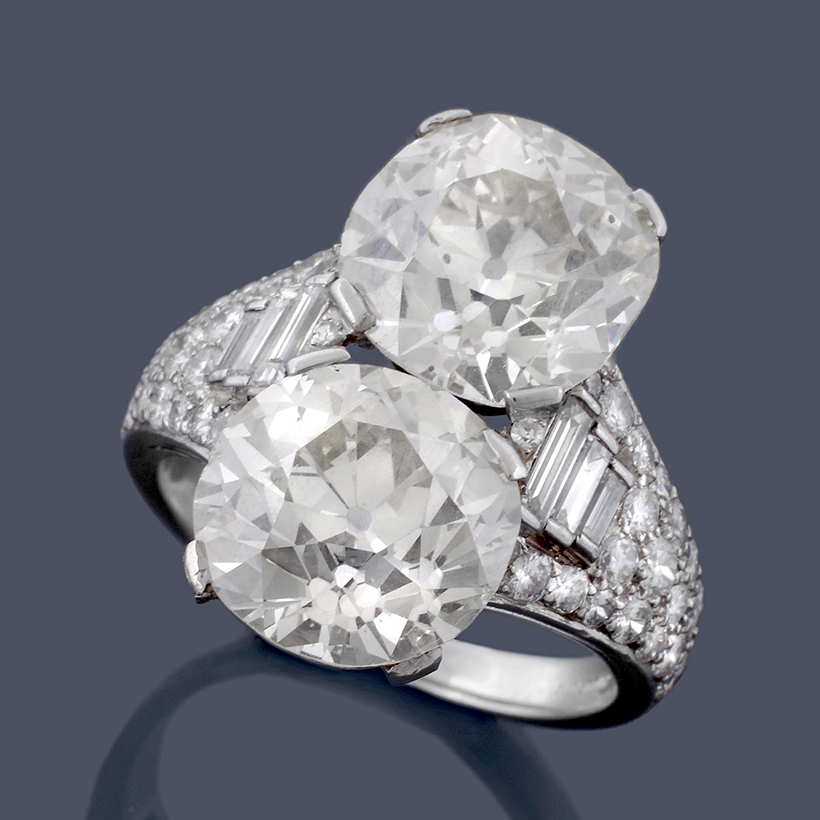 13845 Lot 597 A two stone diamond Trombino ring by Bulgari, circa 1950 Sold for £39,680.jpg