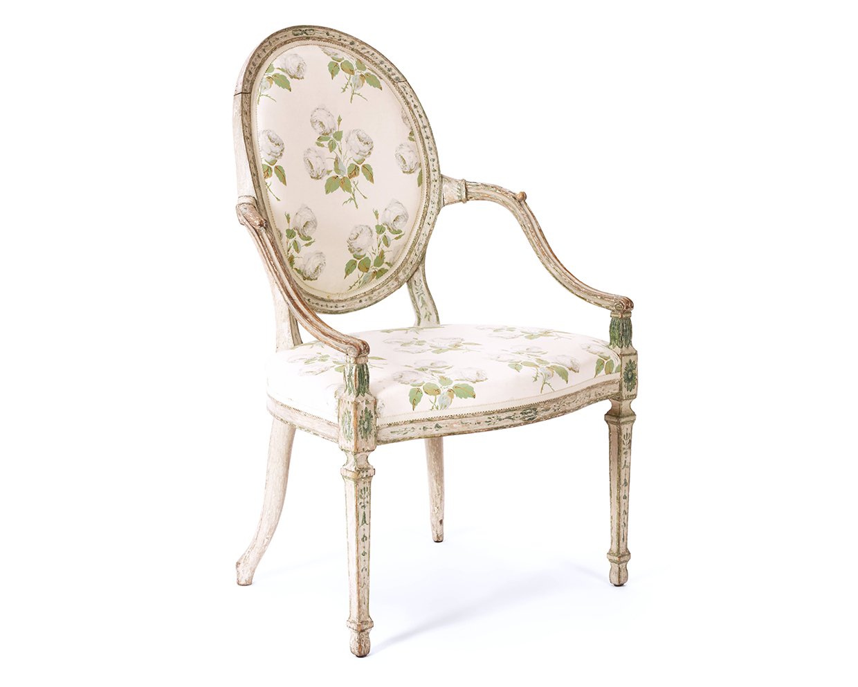Lot 50 - A GEORGE III GREEN AND CREAM PAINTED OPEN ARMCHAIR LATE 18TH CENTURY, IN THE MANNER OF GILLOWS.jpg