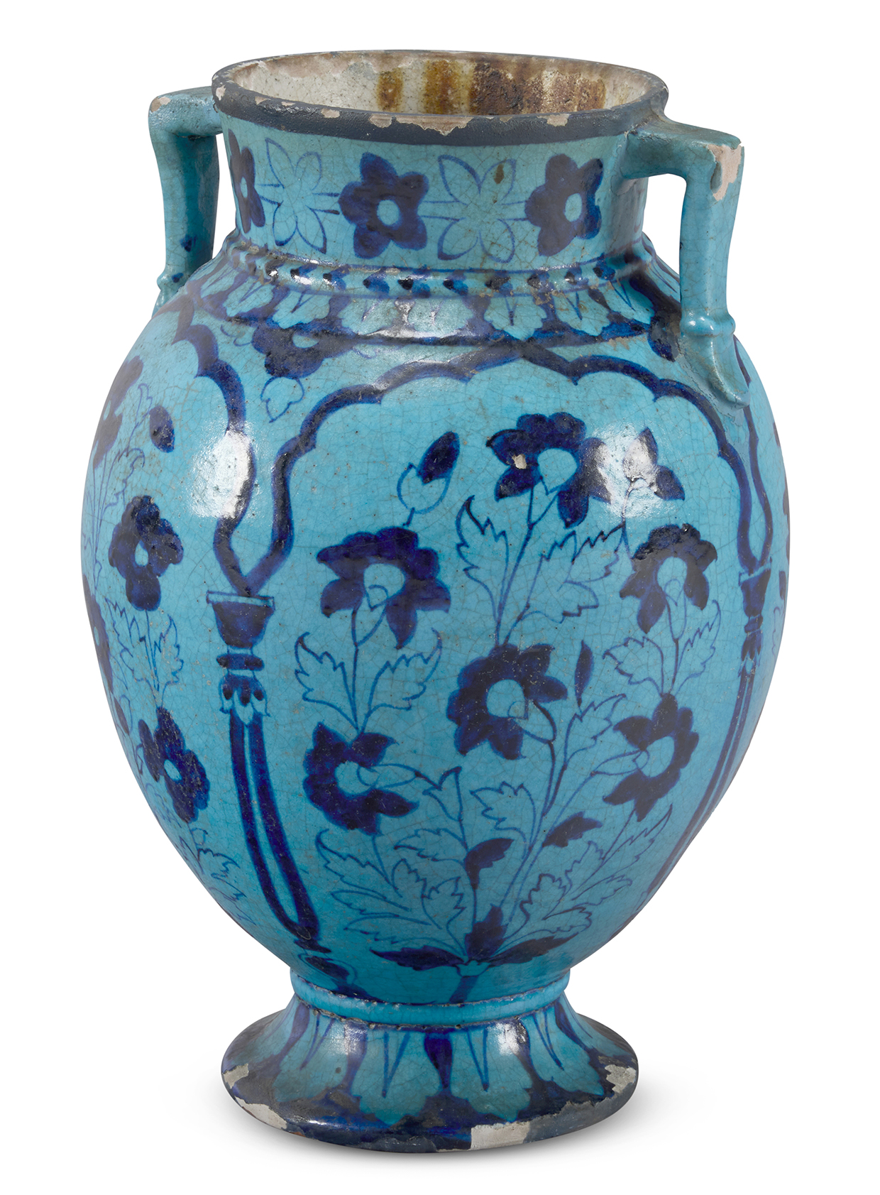 Lot 125 - A TERRACOTTA BLUE GLAZED TWO HANDLED URN IN THE KASHAN STYLE PROBABLY FROM THE BOMBAY SCHOOL OF ART, CIRCA 1880.jpg