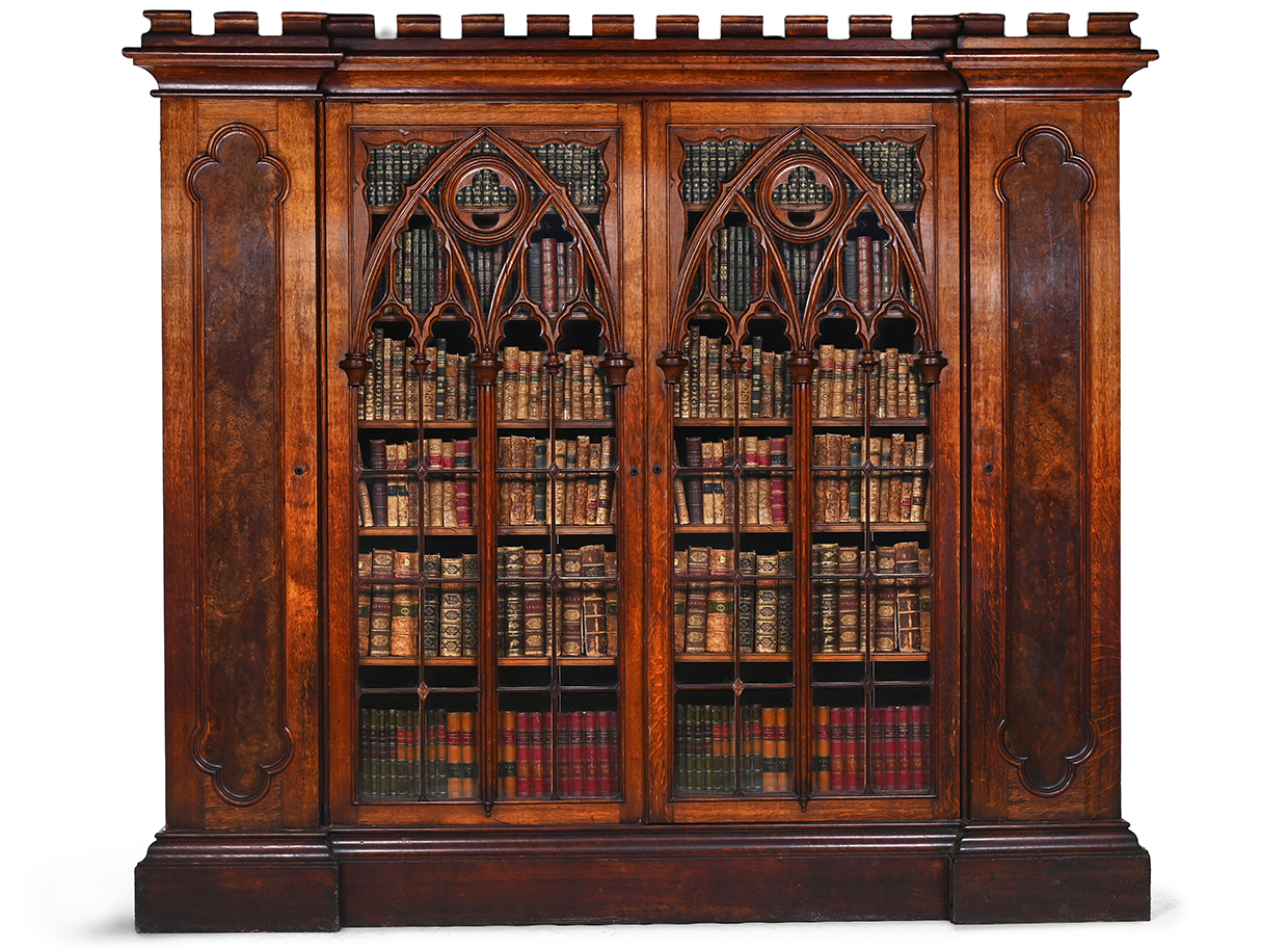 511 - A VICTORIAN GOTHIC REVIVAL OAK AND POLLARD OAK INVERTED BREAKFRONT BOOKCASE CABINET CIRCA 1880.jpg
