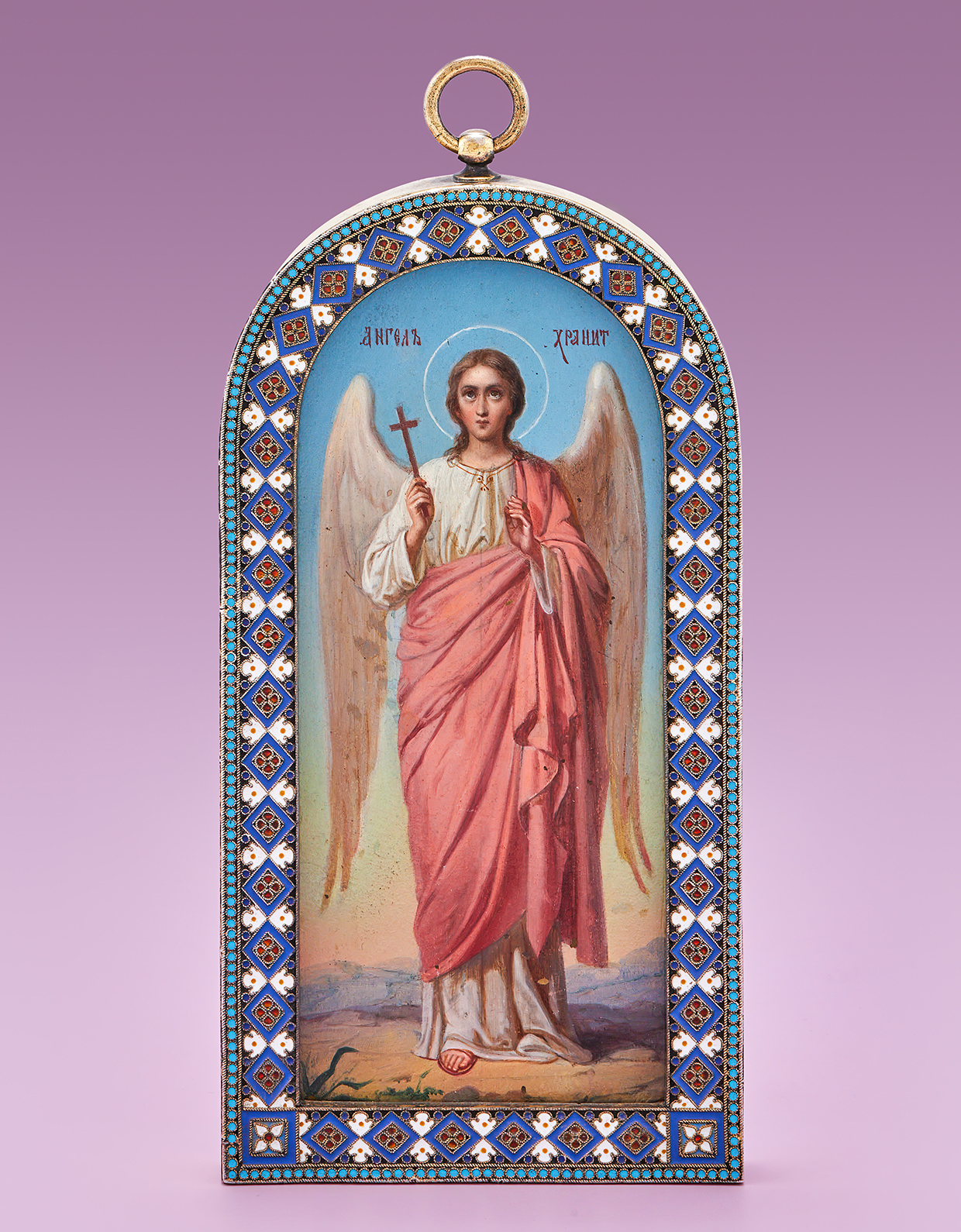 Lot 211 - A Russian icon of the Guardian Angel in a cloisonné enamel frame, Ovchinnikov, Moscow 1899-1908.jpg